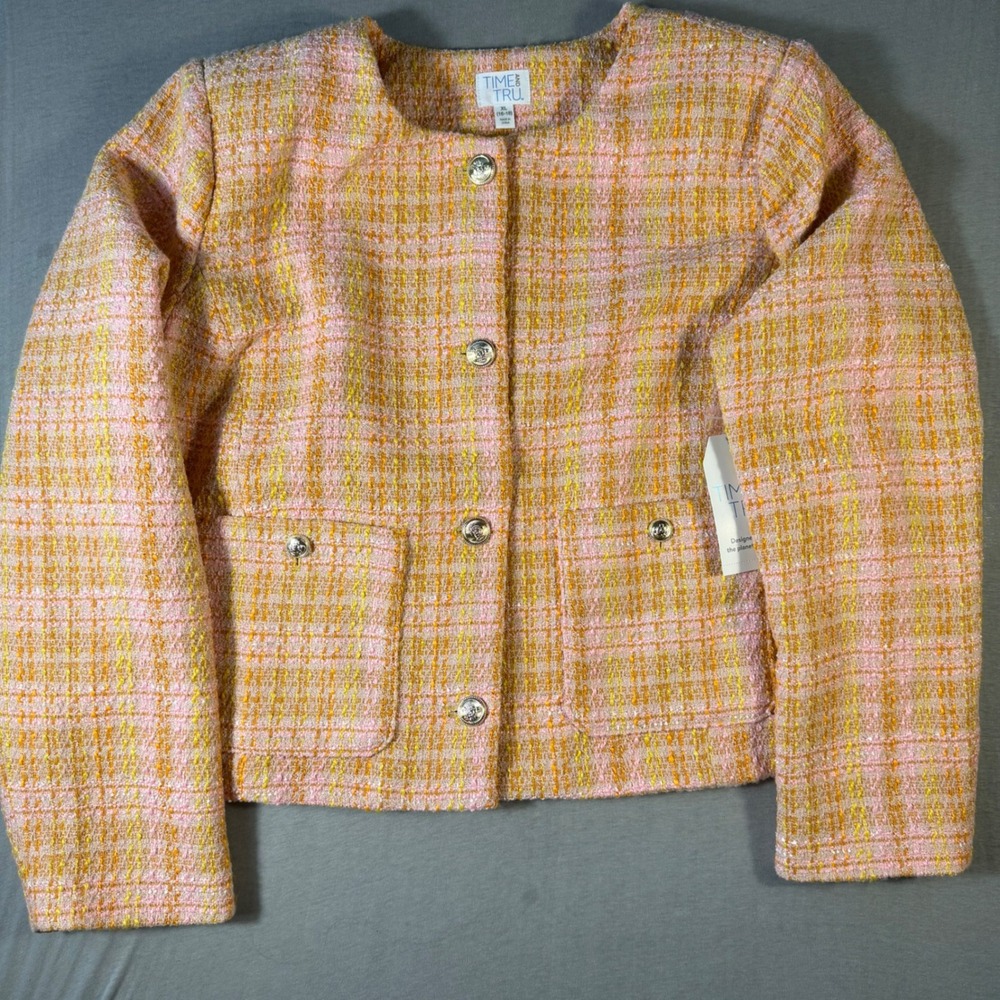 New Time Tru Womens XL Pink Orange Plaid Tweed Button Front Crop Blazer Jacket